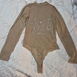 Tan Long Sleeve Sheer Bodysuit with Rhinestones